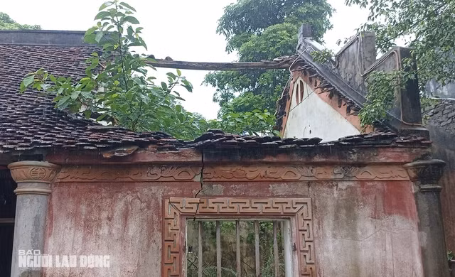 Một ngôi nhà cổ đã sập một gian nhà, trên bức tường còn đó những nét chạm trổ tinh xảo.