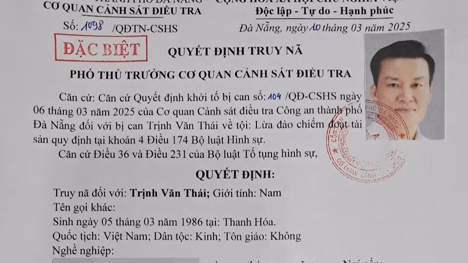 Quyết định truy nã đối với Trịnh Văn Thái