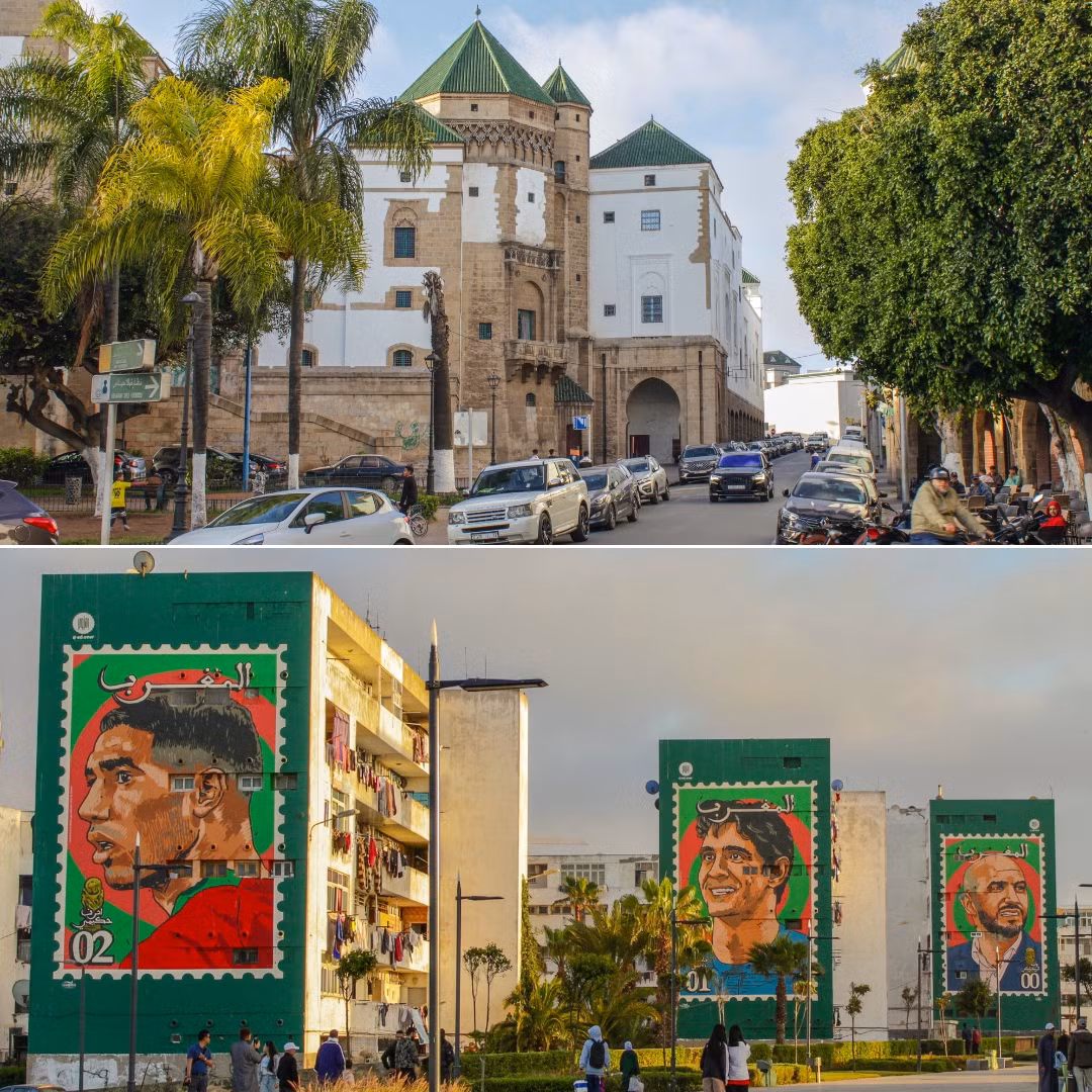 Đường phố Casablanca với những tấm poster hình các cầu thủ của Đội tuyển bóng đá quốc gia Ma-rốc.