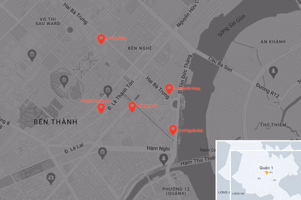 Vị trí 4 khu "đất vàng" xây nhà vệ sinh công cộng tại TP.HCM và 1 khu đất số 2-4-6 Nguyễn Huệ chuẩn bị xây khi hoàn thành dự án mở rộng khách sạn Majestic. Ảnh: Google Maps.