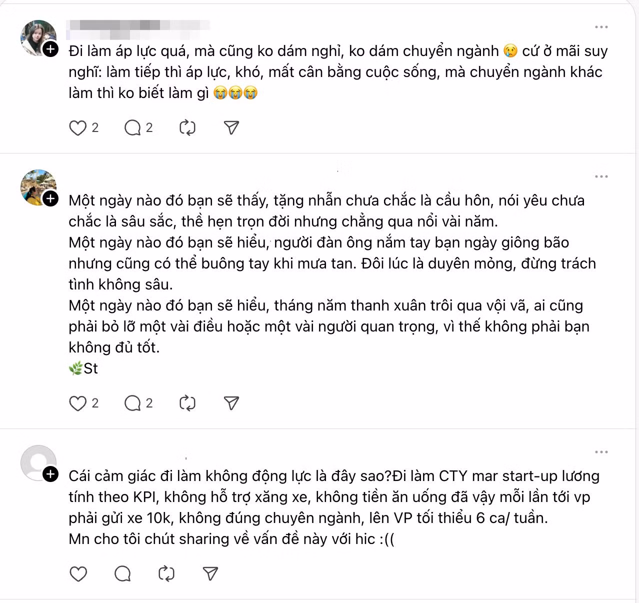 Từ sức khỏe tinh thần, áp lực công việc đến tình yêu... đây là những chủ đề phổ biến được giới trẻ chia sẻ cởi mở hơn trên Threads. Ảnh: MXH Threads Từ sức khỏe tinh thần, áp lực công việc đến tình yêu... đây là những chủ đề phổ biến được giới trẻ chia sẻ cởi mở hơn trên Threads. Ảnh: MXH Threads