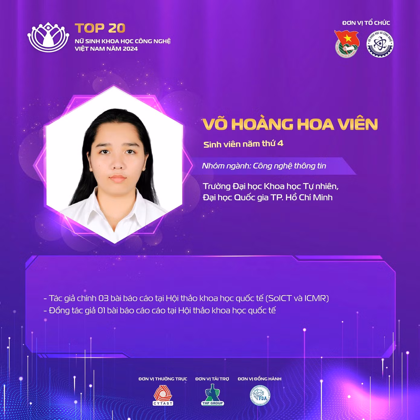 Nữ sinh Võ Hoàng Hoa Viên là tác giả chính của 3 báo cáo khoa học tại Hội thảo khoa học quốc tế (SoICT và ICMR).
