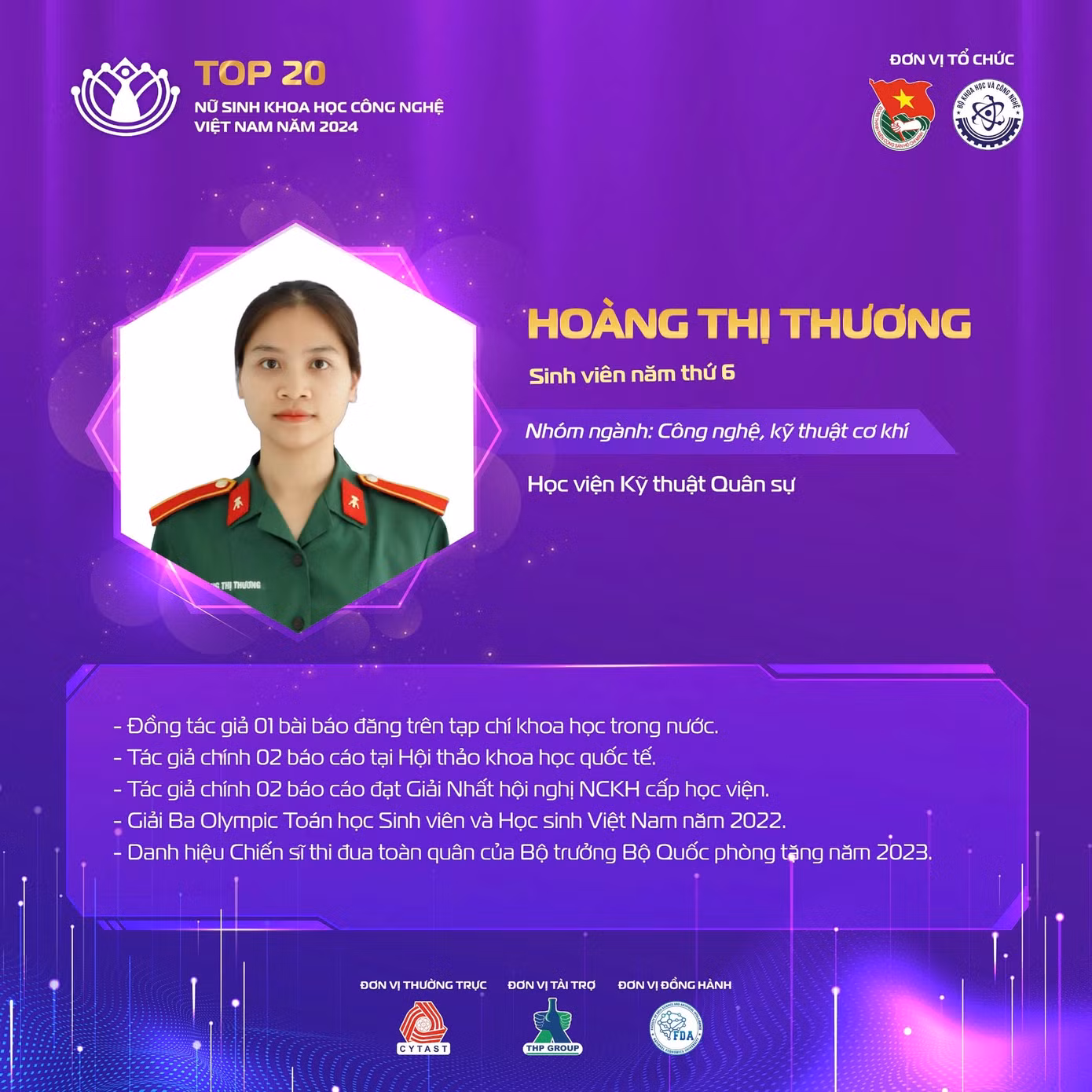 Sinh viên Hoàng Thị Hương là tác giả chính của 4 báo cáo khoa học, đạt danh hiệu Chiến sĩ thi đua toàn quân của Bộ trưởng Bộ Quốc phòng năm 2023.