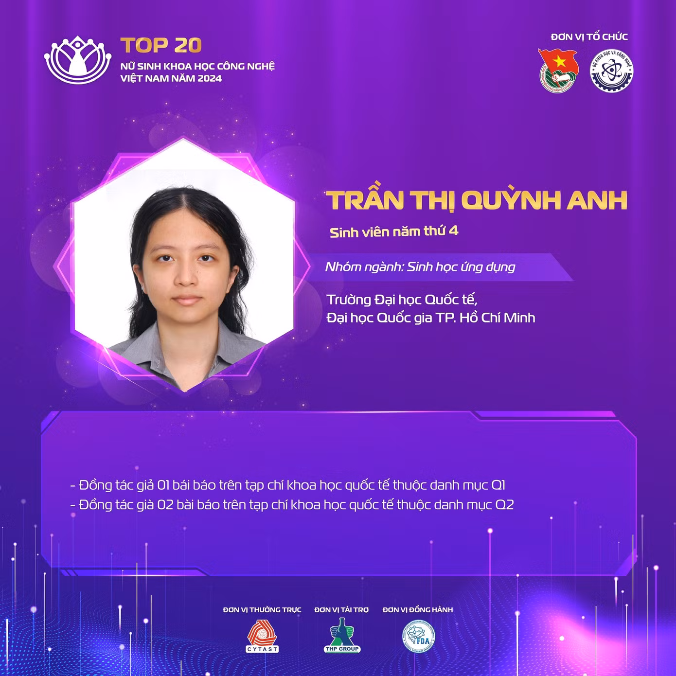 Nữ sinh Trần Thị Quỳnh Anh có 3 bài báo khoa học đăng trên tạp chí quốc tế thuộc danh mục Q1, Q2.
