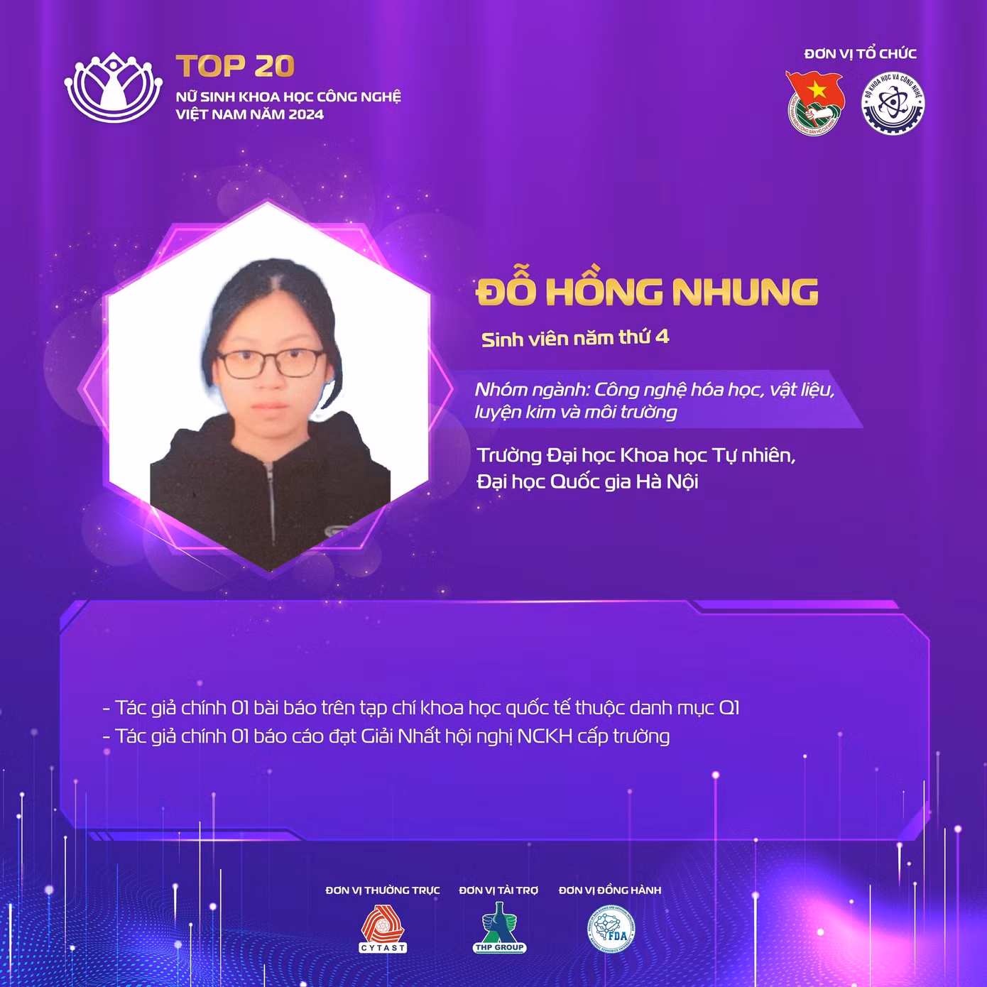 Nữ sinh Đỗ Hồng Nhung đến từ Trường Đại học Khoa học Tự nhiên, Đại học Quốc gia Hà Nội.