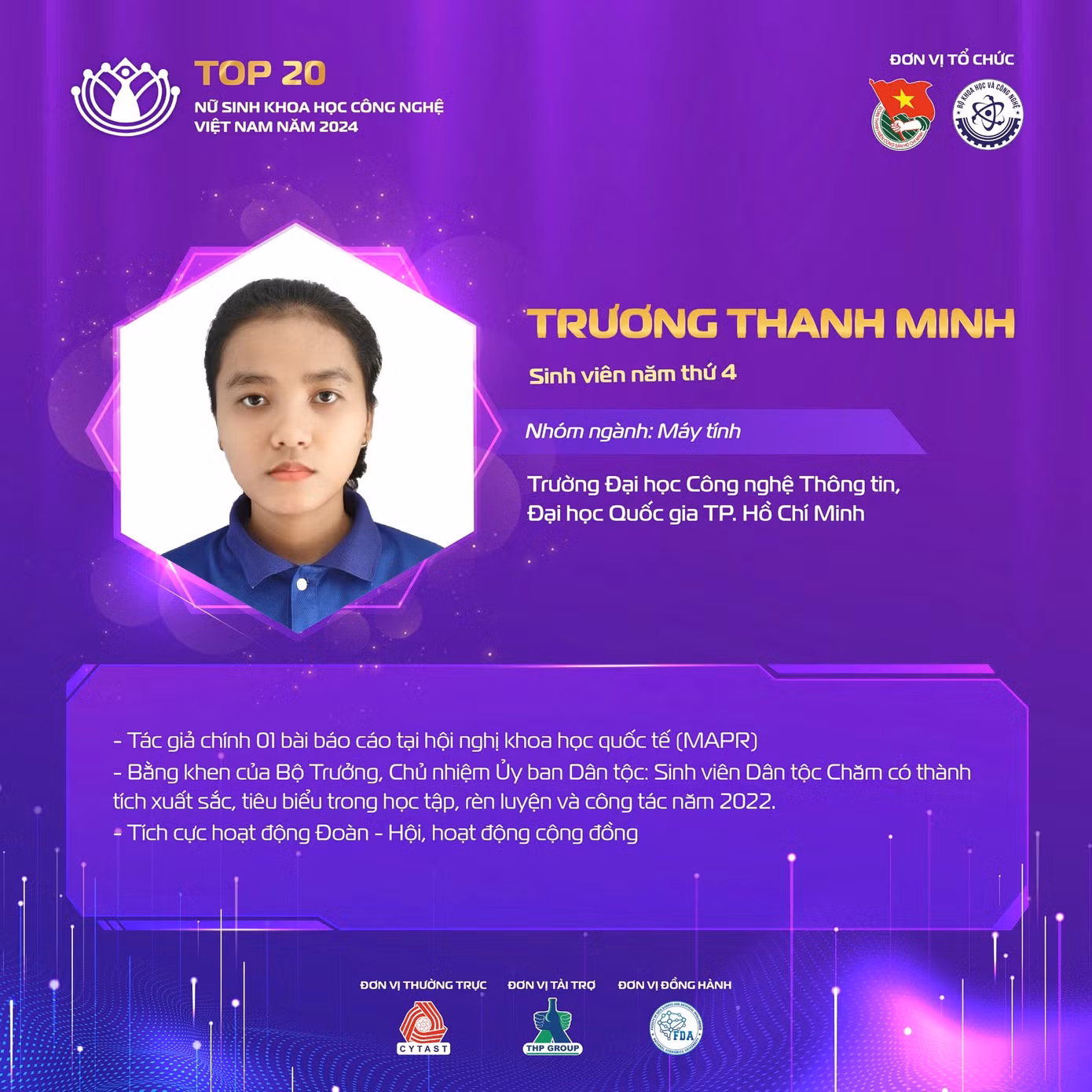 Ngoài có công bố khoa học xuất sắc, nữ sinh Trương Thanh Minh được nhận bằng khen của Bộ trưởng, Chủ nhiệm Uỷ ban Dân tộc vì có thành tích xuất sắc, tiêu biểu trong học tập, rèn luyện và công tác năm 2022.