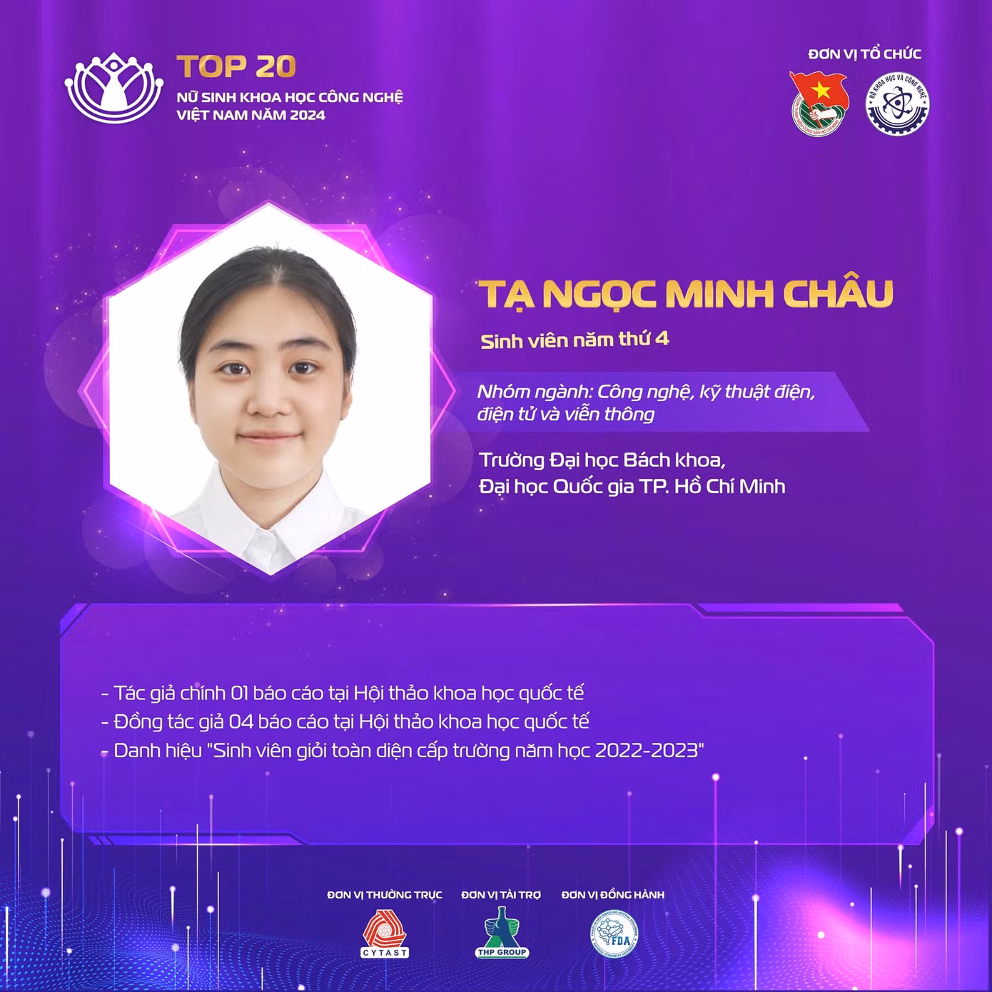 Sinh viên Tạ Ngọc Minh Châu đến từ Trường Đại học Bách khoa, Đại học Quốc gia TPHCM.