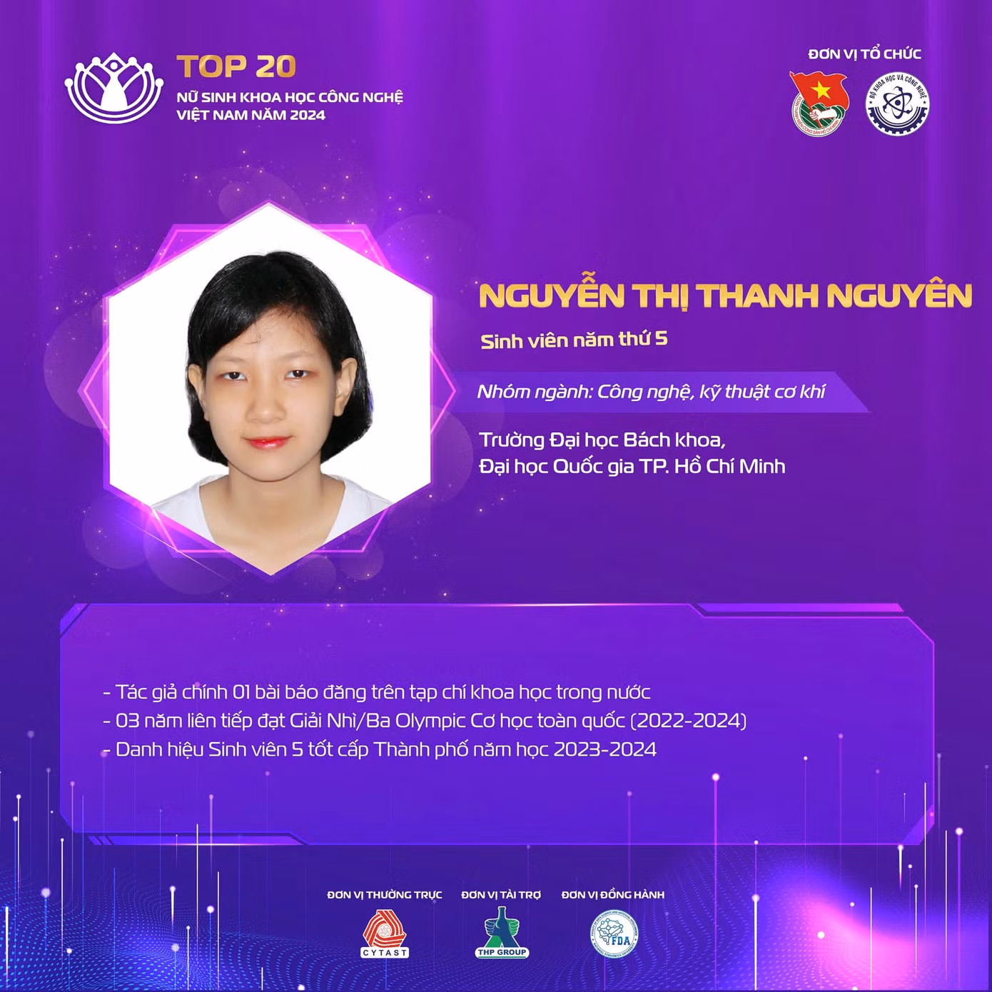 Ngoài công bố khoa học, nữ sinh Nguyễn Thị Thanh Nguyên còn nhận danh hiệu Sinh viên 5 tốt cấp Thành phố năm học 2023-2024...
