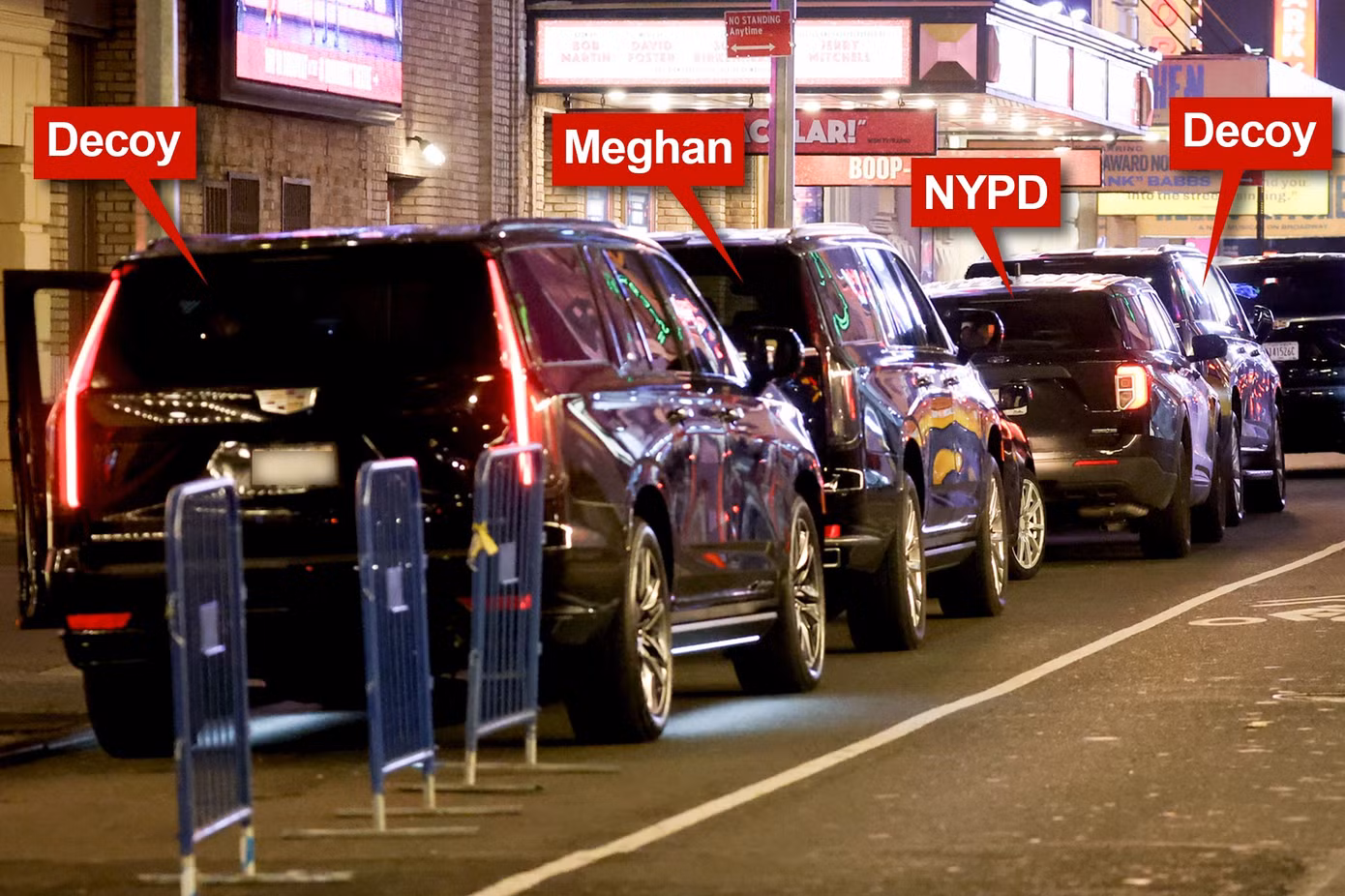 Chuyến đi xem nhạc kịch của Meghan được hộ tống bởi đoàn xe hùng hậu. Ảnh: Page Six.
