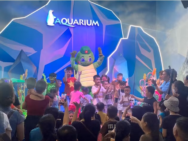 Thủy Cung Vincom Mega Mall Times với tiết mục người cá với lá quốc kỳ được hưởng ứng nhiệt tình