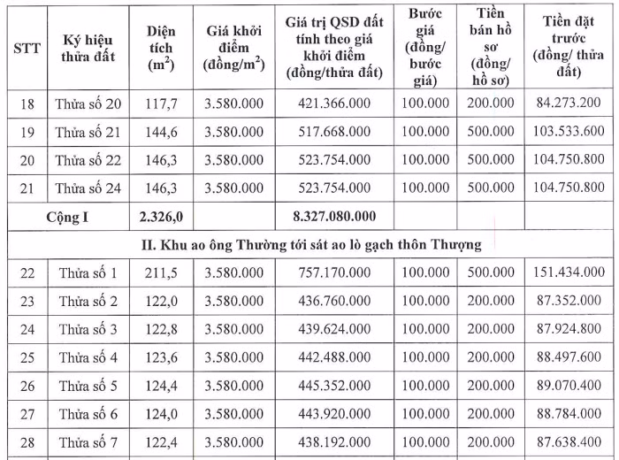 56 thửa đất ở tại xã Xuy Xá, huyện Mỹ Đức, Hà Nội, có diện tích từ 81 - 211 m2/thửa, có mức giá khởi điểm từ 3,5 triệu đồng/m2.
