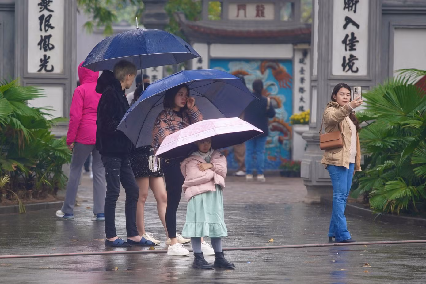 Du khách "đội mưa" du xuân.