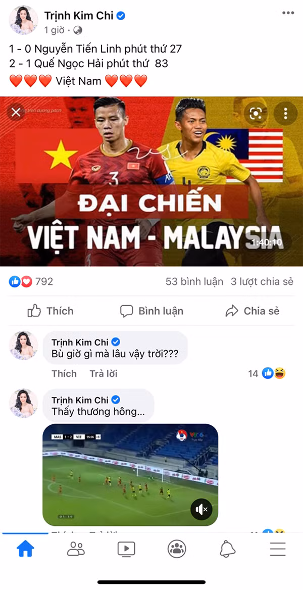 Á hậu Trịnh Kim Chi vỡ oà, gọi tên Tiến Linh và Quế Ngọc Hải sau chiến thắng của tuyển Việt Nam.