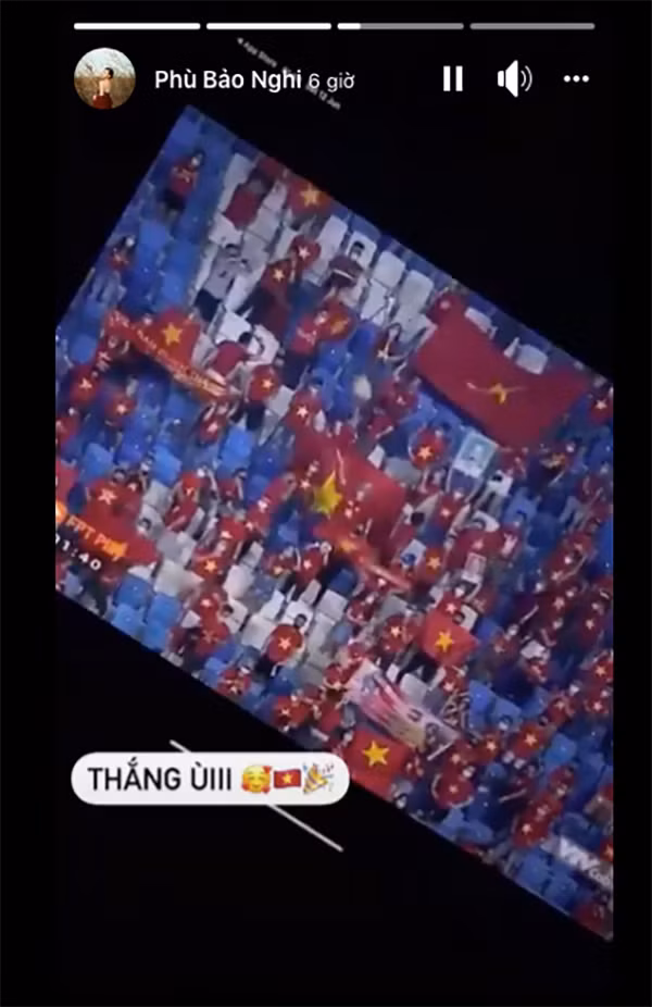 Người đẹp Phù Bảo Nghi sung sướng, vui mừng trước chiến thắng của đội tuyển Việt Nam.