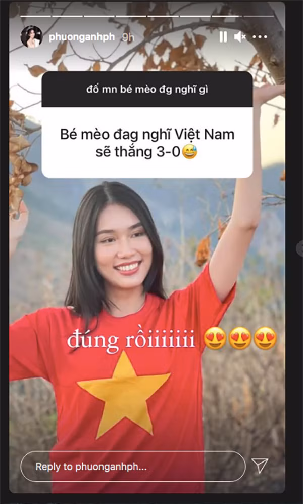 Trước trận đấu, Á hậu Phương Anh cổ vũ tinh thần đội tuyển Việt Nam và 'mạnh dạn' đoán các chàng trai của chúng ta sẽ giành chiến thắng 3-0.