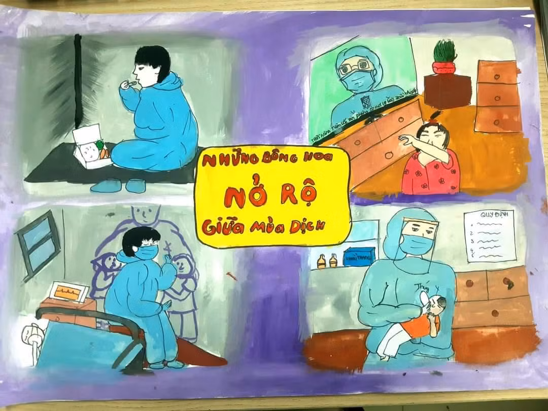 Bức tranh do thiếu nhi tỉnh Bến Tre vẽ để cổ vũ, động viên các y, bác sỹ tuyến đầu chống dịch. - Ảnh: TĐ BT