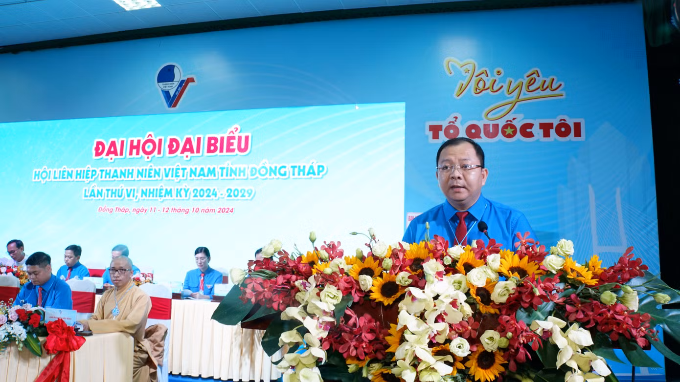 Anh Huỳnh Minh Thức - Bí thư Tỉnh Đoàn, Chủ tịch Hội LHTN Việt Nam tỉnh Đồng Tháp khóa V phát biểu khai mạc. Ảnh: Hòa Hội
