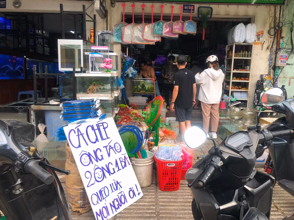 Các tiệm bán cá chép tấp nập khách từ buổi chiều tối ngày 22 tháng Chạp.