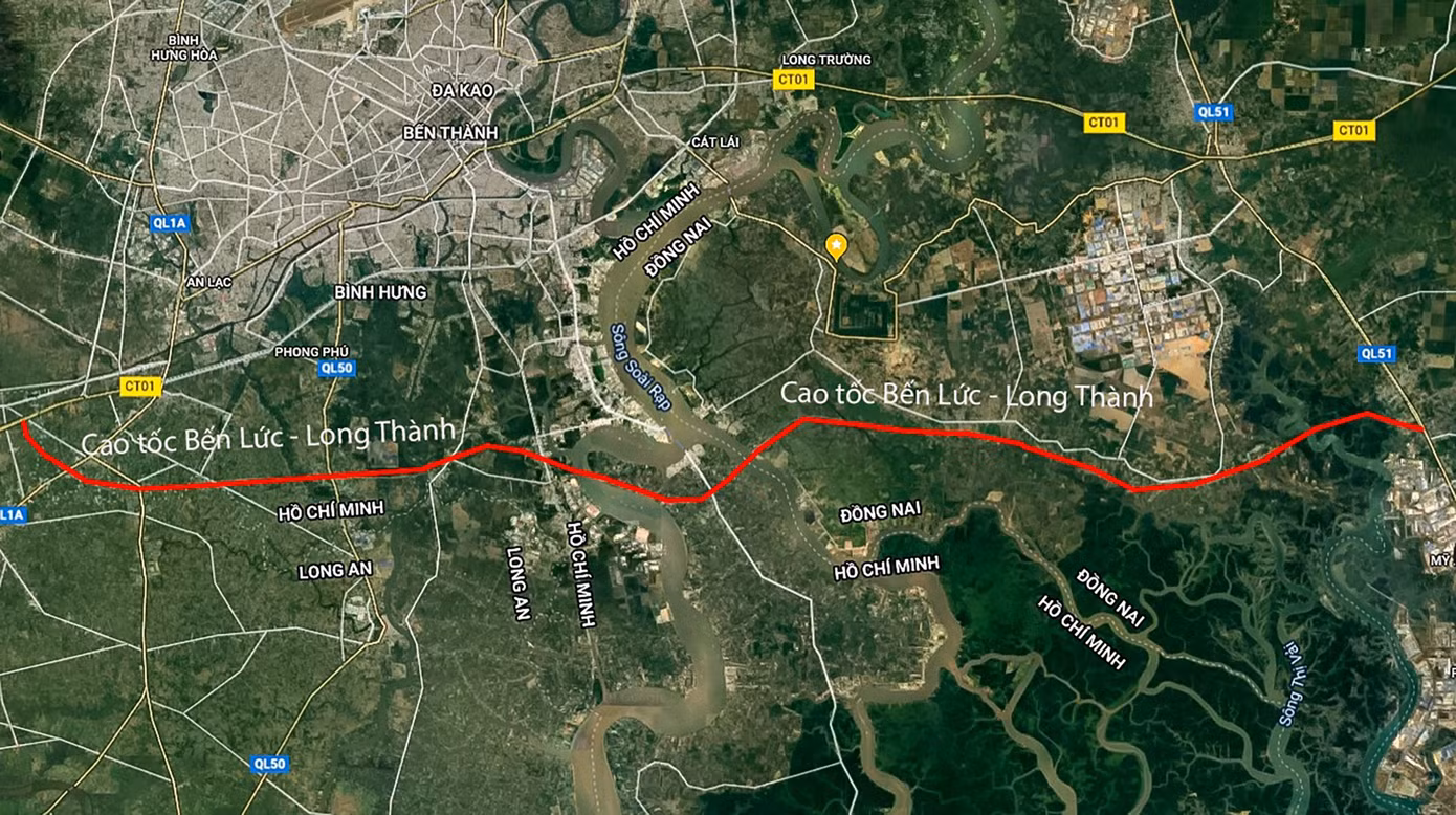 Vị trí dự án cao tốc Bến Lức - Long Thành đi qua Long An, TP.HCM và Đồng Nai. Ảnh: Google Maps.