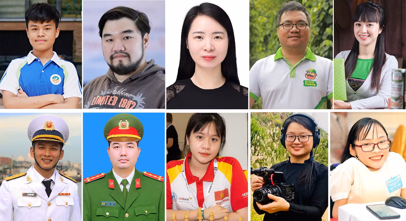 10 Gương mặt trẻ Việt Nam triển vọng 2022: Trần Xuân Bách, Chu Đức Hà, Lê Thị Phương, Đặng Dương Minh Hoàng, Nguyễn Thị Thu Hoa, Vũ Trung Kiên, Vũ Ngọc Trường, Nguyễn Thiên Ngân, Hà Lệ Diễm, Nguyễn Thị Ngọc Tâm (thứ tự từ trái sang phải, từ trên xuống dưới).