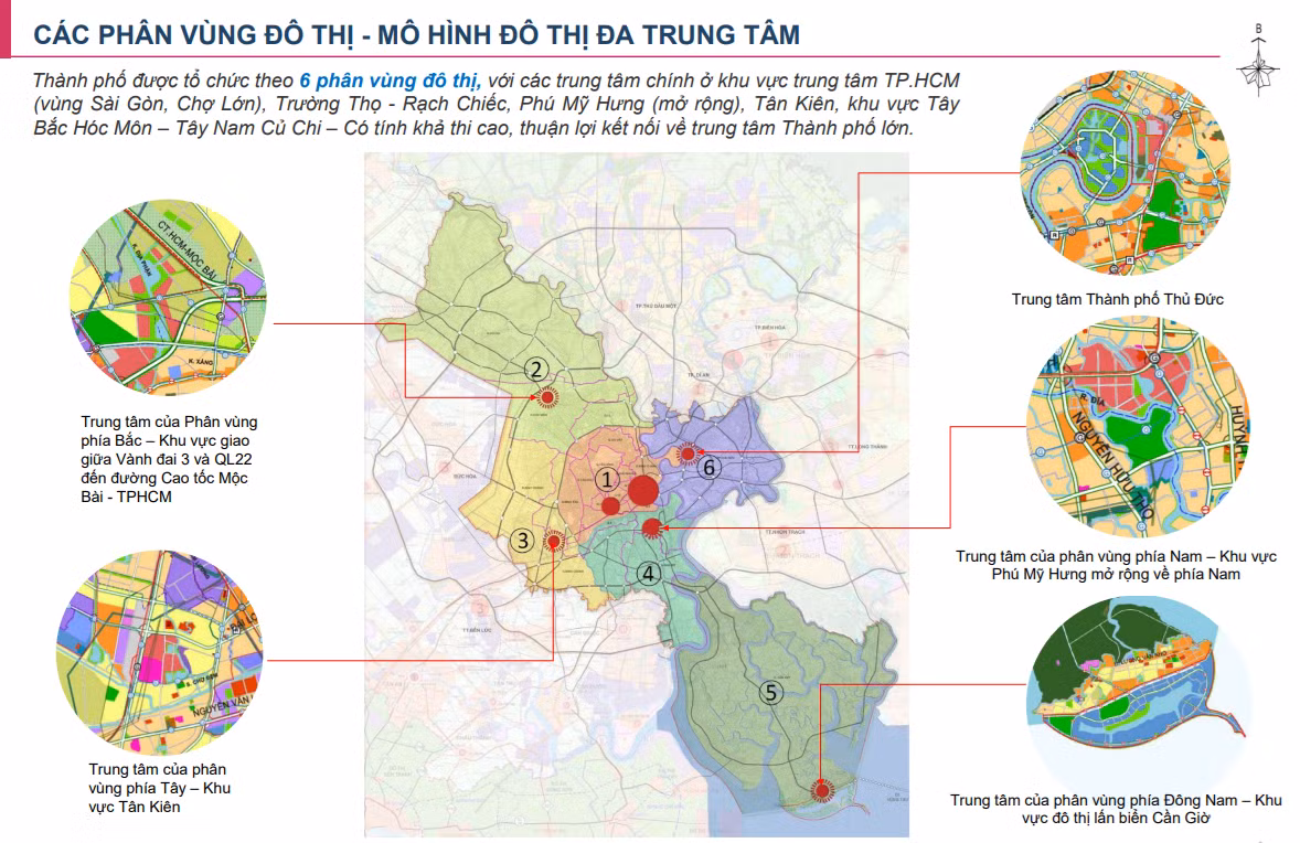 Cấu trúc không gian TPHCM đến năm 2040 được quy hoạch phát triển theo 6 phân vùng.
