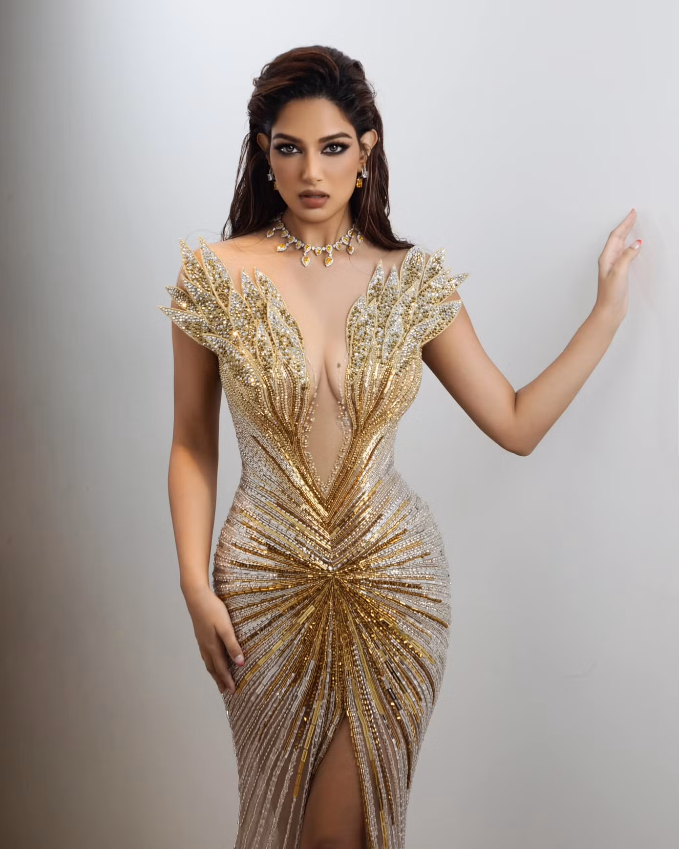 Hoa hậu Hoàn vũ 2021 Harnaaz Sandhu trong các thiết kế của Lê Thanh Hòa.