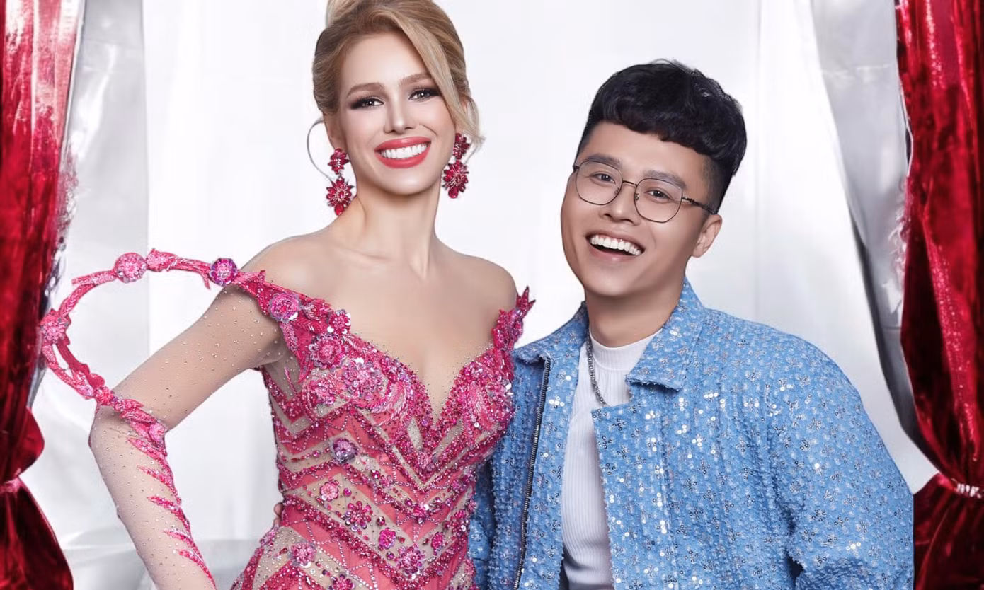 Nhà thiết kế Nguyễn Minh Tuấn thực hiện váy final walk cho Miss Grand International 2023 Luciana Fuster (trái) và váy dạ hội cho Miss Grand Guatemala 2024 (phải).