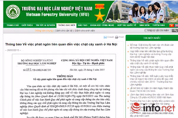 Thông báo về việc phát ngôn liên quan đến chặt hạ cây xanh ở Hà Nội được nhà trường ban hành ngày 25/3.