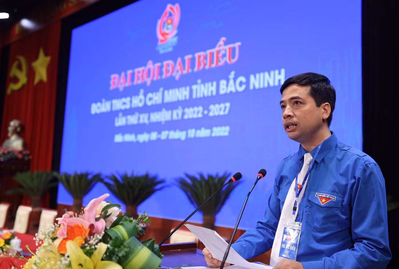 Bí thư Tỉnh Đoàn Bắc Ninh Nguyễn Đức Sâm phát biểu tại Đại hội Đoàn TNCS Hồ Chí Minh tỉnh Bắc Ninh lần thứ XV.