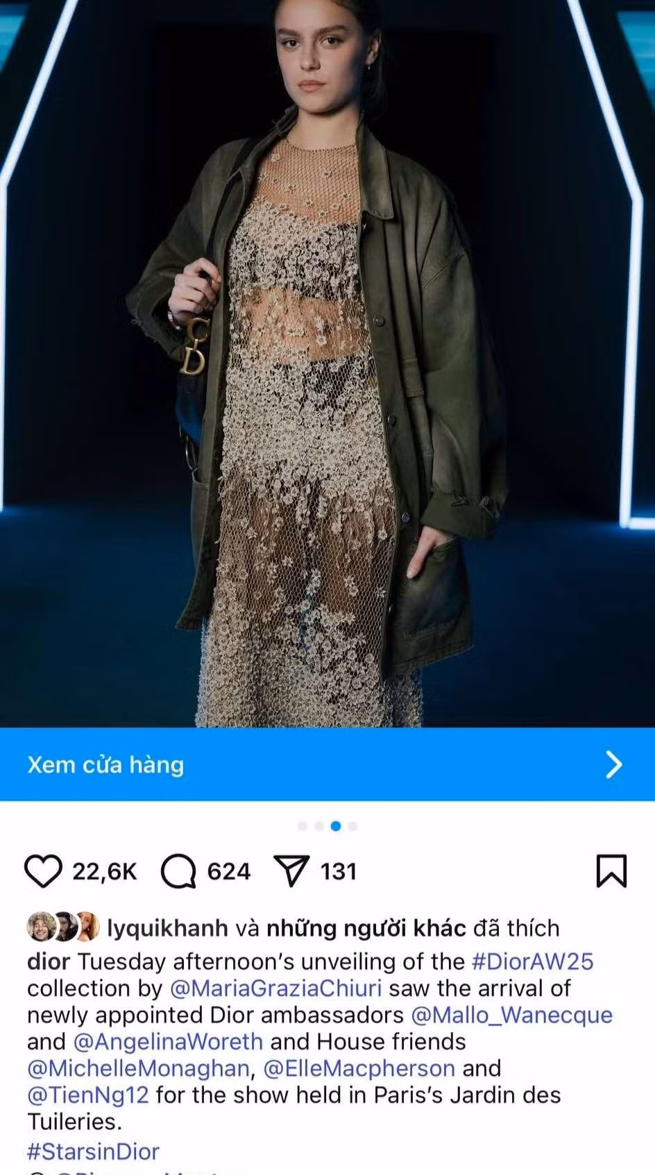 Ảnh Hoa hậu Thùy Tiên xuất hiện trở lại trên fanpage 20 triệu người theo dõi của Dior. Cô cũng được gắn thẻ tài khoản trên Instagram của Dior. Ảnh: Dior.