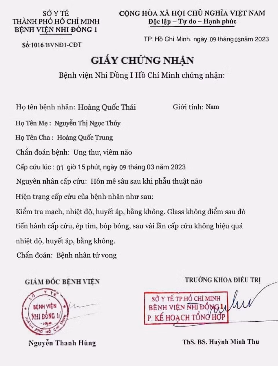 Đại diện Bệnh viện Nhi đồng 1 khẳng định Giấy chứng nhận đối tượng sử dụng là giả mạo.