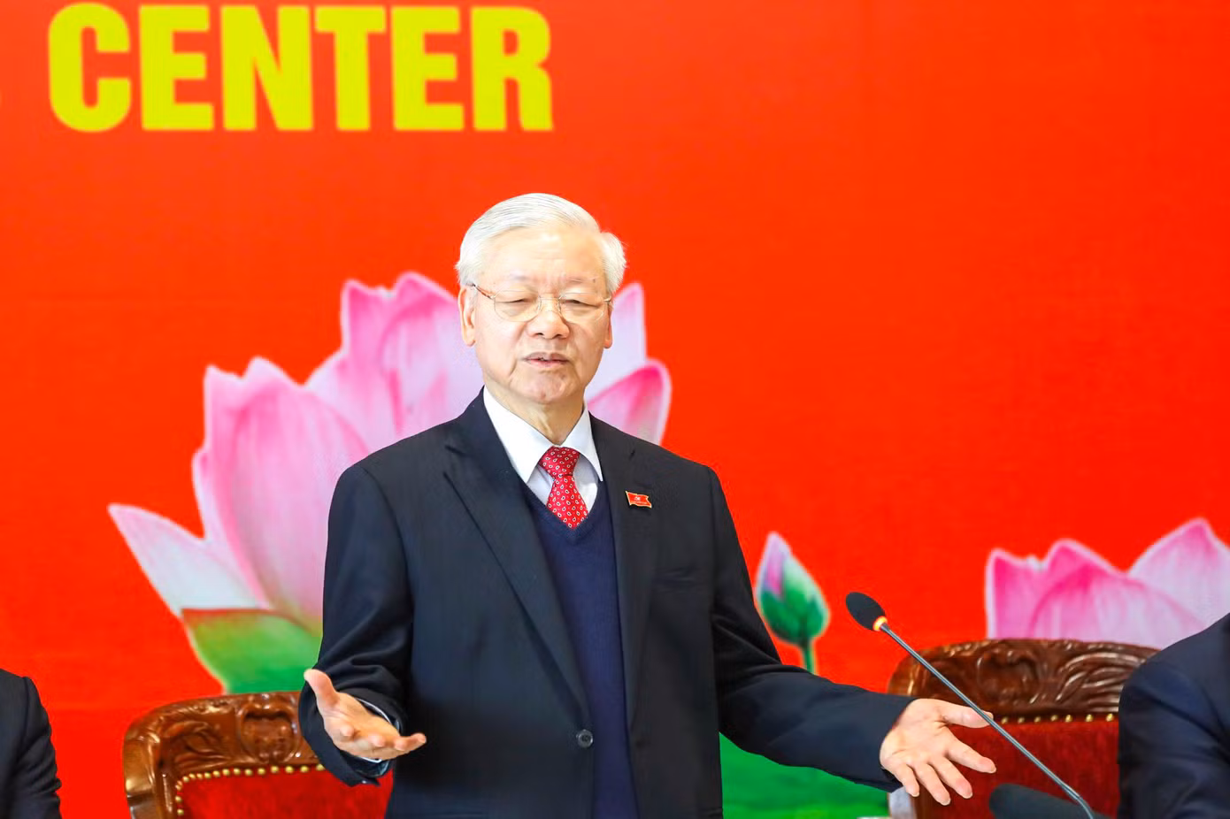 Tổng Bí thư Nguyễn Phú Trọng phát biểu và trả lời báo chí tại Trung tâm Báo chí Đại hội XIII của Đảng, ngày 1/2/2021 ảnh: Như Ý