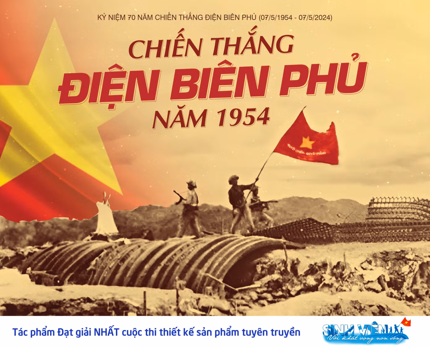Hình ảnh lá cờ “Quyết chiến, quyết thắng” trong chiến dịch Điện Biên Phủ được Võ Minh Hiếu tái hiện trong tác phẩm.