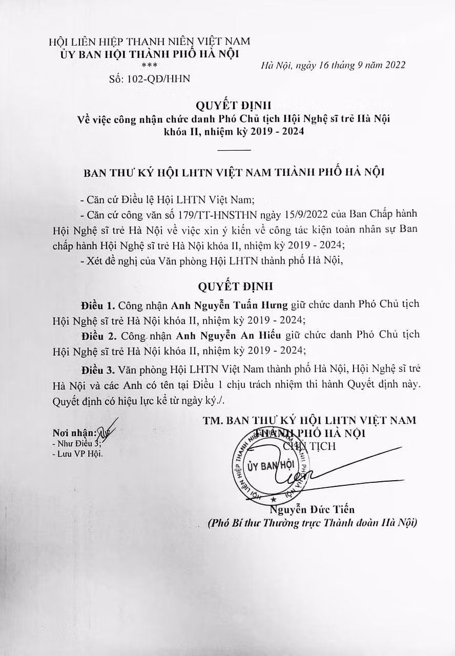 Quyết định công nhận chức danh Phó Chủ tịch Hội Nghệ sĩ trẻ Hà Nội.