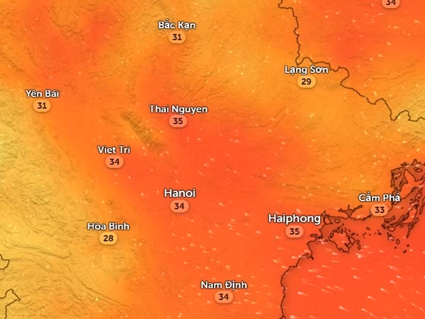 Nhiệt độ cảm nhận ở một số tỉnh thành miền Bắc vào chiều nay, 18/7. Ảnh: Zoom Earth, OpenStreetMap.