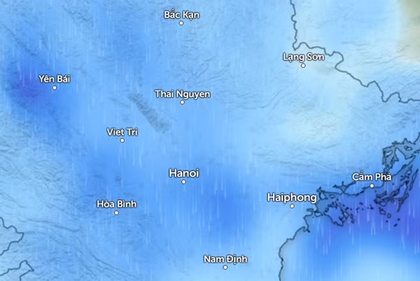 Dự báo mưa ở nhiều tỉnh thành miền Bắc vào sáng thứ Bảy, 8/6 (những vùng màu xanh da trời là mưa nhỏ đến vừa). Ảnh: Zoom Earth, OpenStreetMap.