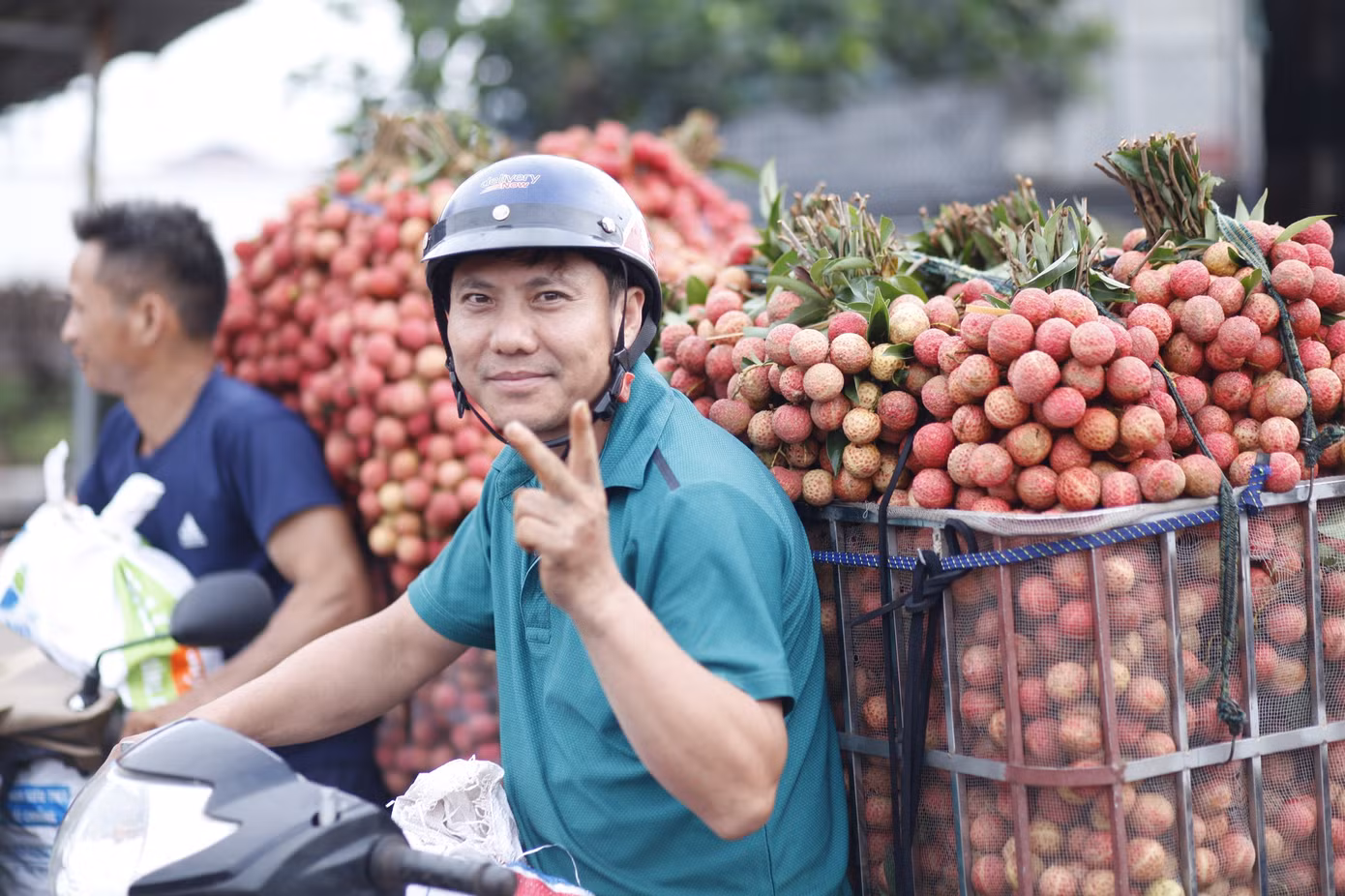 Người dân tỉnh Bắc Giang mang vải thiều ra chợ vải thiều nằm dọc quốc lộ 31 bán. Năm nay, vải thiều tỉnh Bắc Giang được mùa, ước sản lượng khoảng 200.000 tấn.