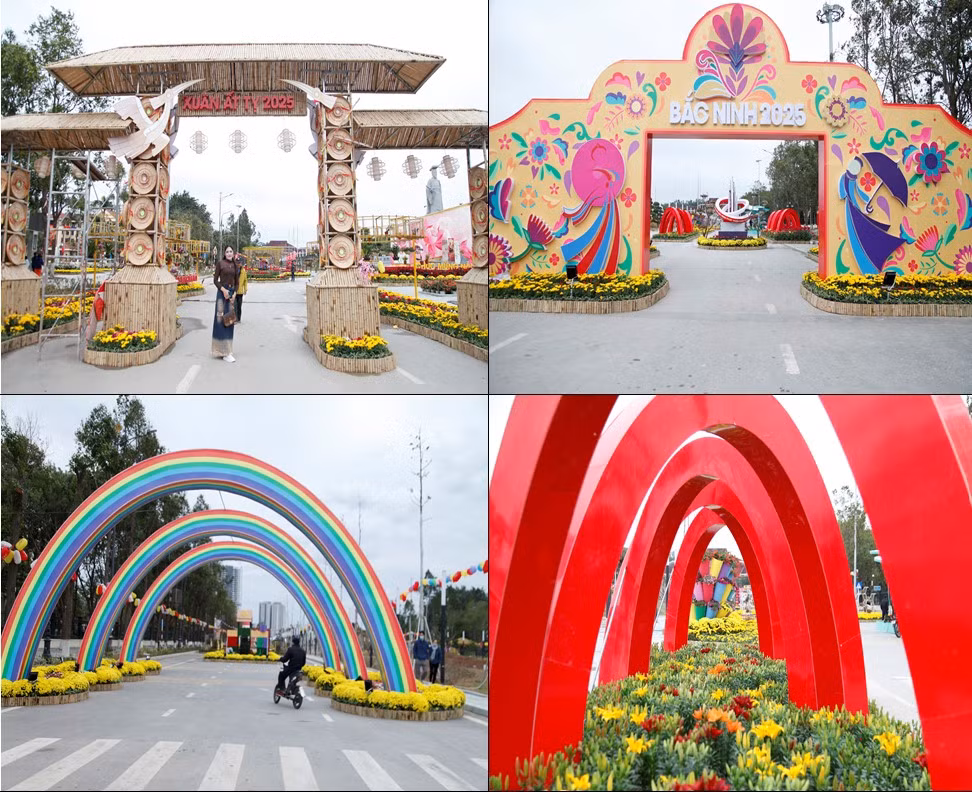 Đường hoa Xuân Ất Tỵ năm 2025 được thiết kế thành 3 phân khu chính. Phân khu 1 - Nét văn hoá Kinh Bắc, mô phỏng hình ảnh của Bắc Ninh qua các thời kỳ xây dựng và phát triển dưới sự lãnh đạo của Đảng và Nhà nước. Ảnh: Nguyễn Thắng