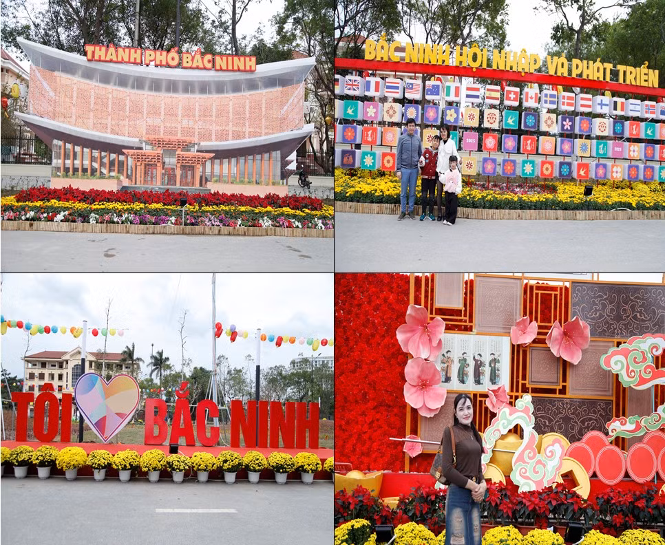 Đường hoa với 18 hạng mục như cổng chính, cầu vồng, ánh sáng; khối phát triển; vườn trẻ thơ; nhà hát quan họ;làng gốm; đèn lồng. Ảnh: Nguyễn Thắng