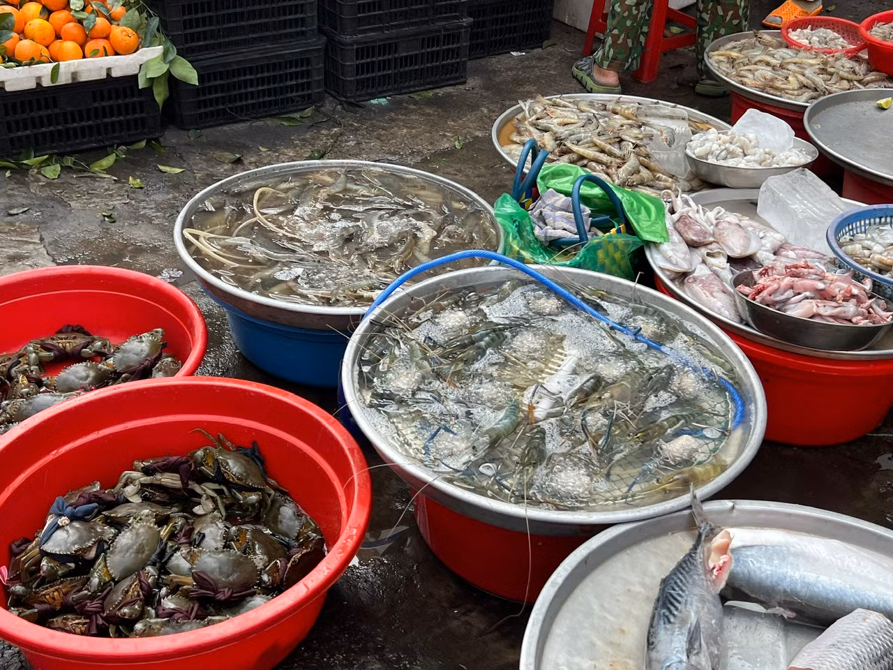 Tôm, cua cũng được tiểu thương bày bán, giá tăng cao. Như cua loại nhỏ có giá tới 400.000 đồng/kg, tôm càng xanh còn sống giá 398.000 đồng/con... Tôm, cua cũng được tiểu thương bày bán, giá tăng cao. Như cua loại nhỏ có giá tới 400.000 đồng/kg, tôm càng xanh còn sống giá 398.000 đồng/con...
