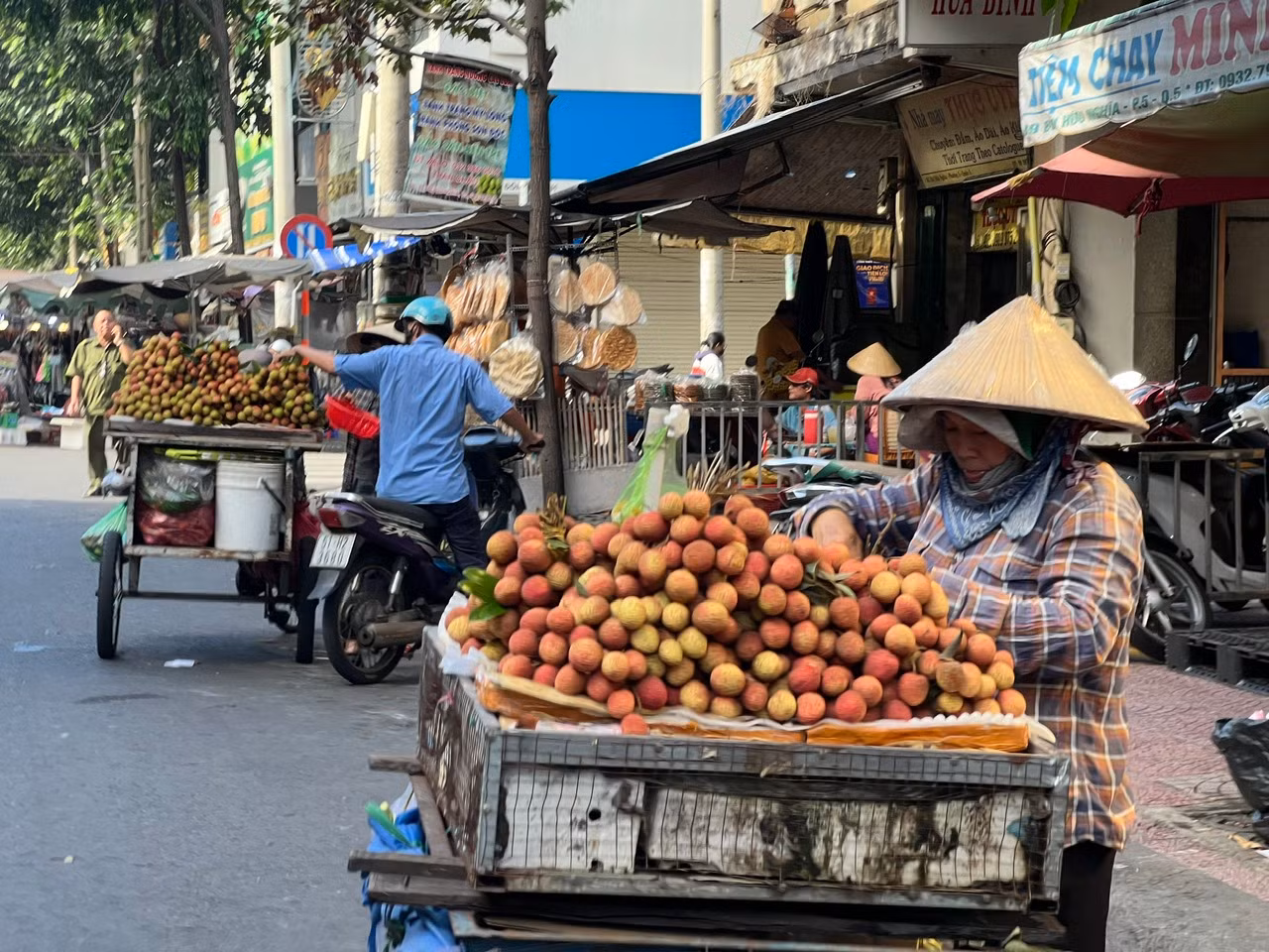 Trên đường Nghĩa Thục, Bạch Vân (quận 5), nhiều người kéo những chiếc xe đẩy chỉ bán độc nhất mặt hàng vải thiều. Họ vào tận khu dân cư, tiếp thị vải thiều đến từng hộ gia đình. "Vải thiều đang vào vụ nên có giá rẻ, chỉ tầm 40.000 - 50.000 đồng/kg. Trung bình mỗi ngày, tôi bán cả trăm ký vải tươi. Vải thiều có thể trữ được cả tuần mà không bị hư hỏng, càng chín càng ngon" - người bán hàng trên đường Bùi Hữu Nghĩa (quận 5) cho biết.