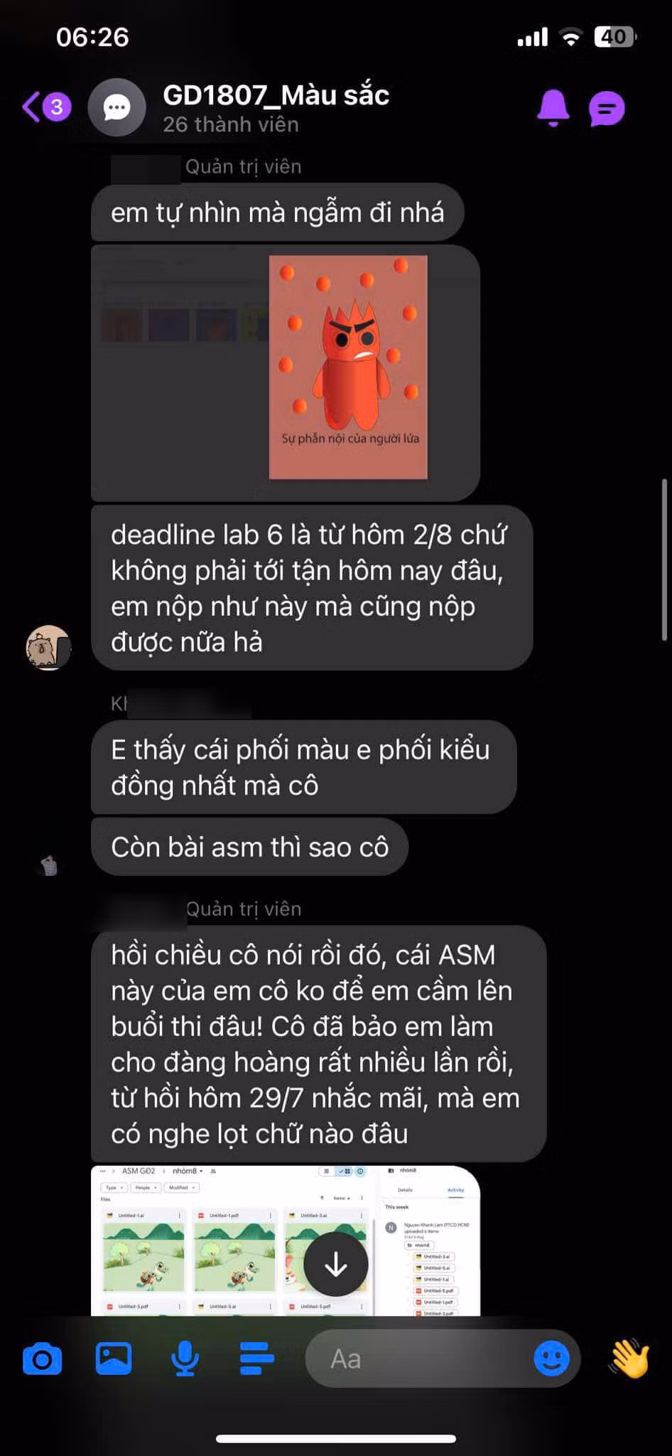 Tin nhắn trong nhóm chat của lớp GD1807.