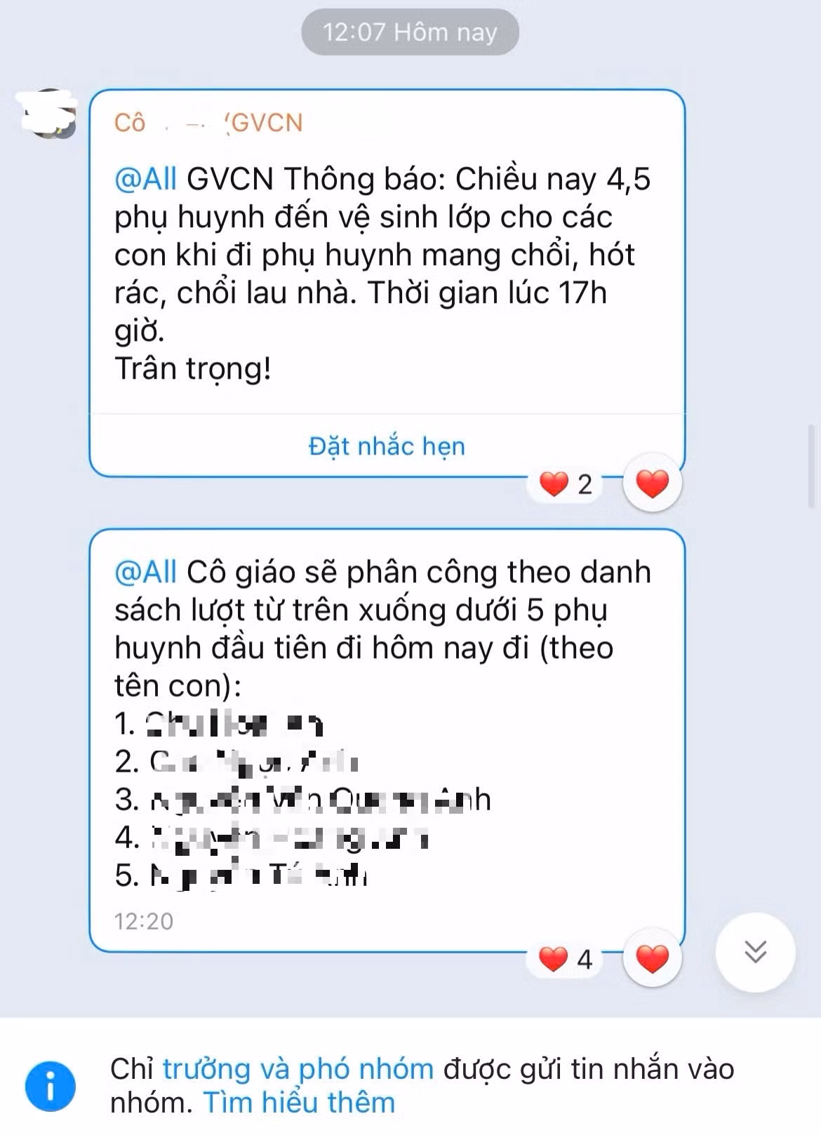 Cô giáo phân công phụ huynh tới lớp trực nhật. (Ảnh chụp màn hình)