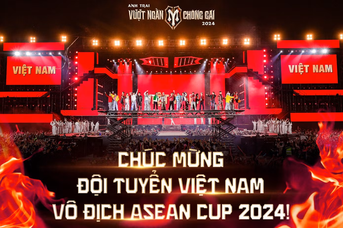 Đại diện chương trình Anh trai vượt ngàn chông gai chúc mừng đội tuyển Việt Nam đã “vượt chông gai” thành công, đem vinh quang về cho Tổ quốc và người hâm mộ Việt Nam.