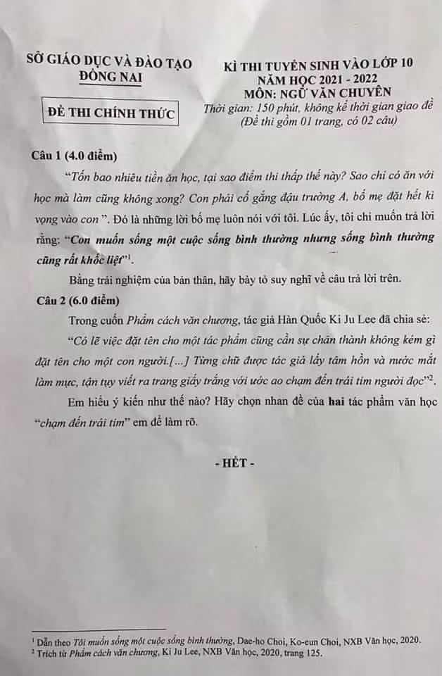 Đề thi chuyên Văn của Sở GD-ĐT tỉnh Đồng Nai đã gợi ra nhiều suy ngẫm cho bạn đọc.