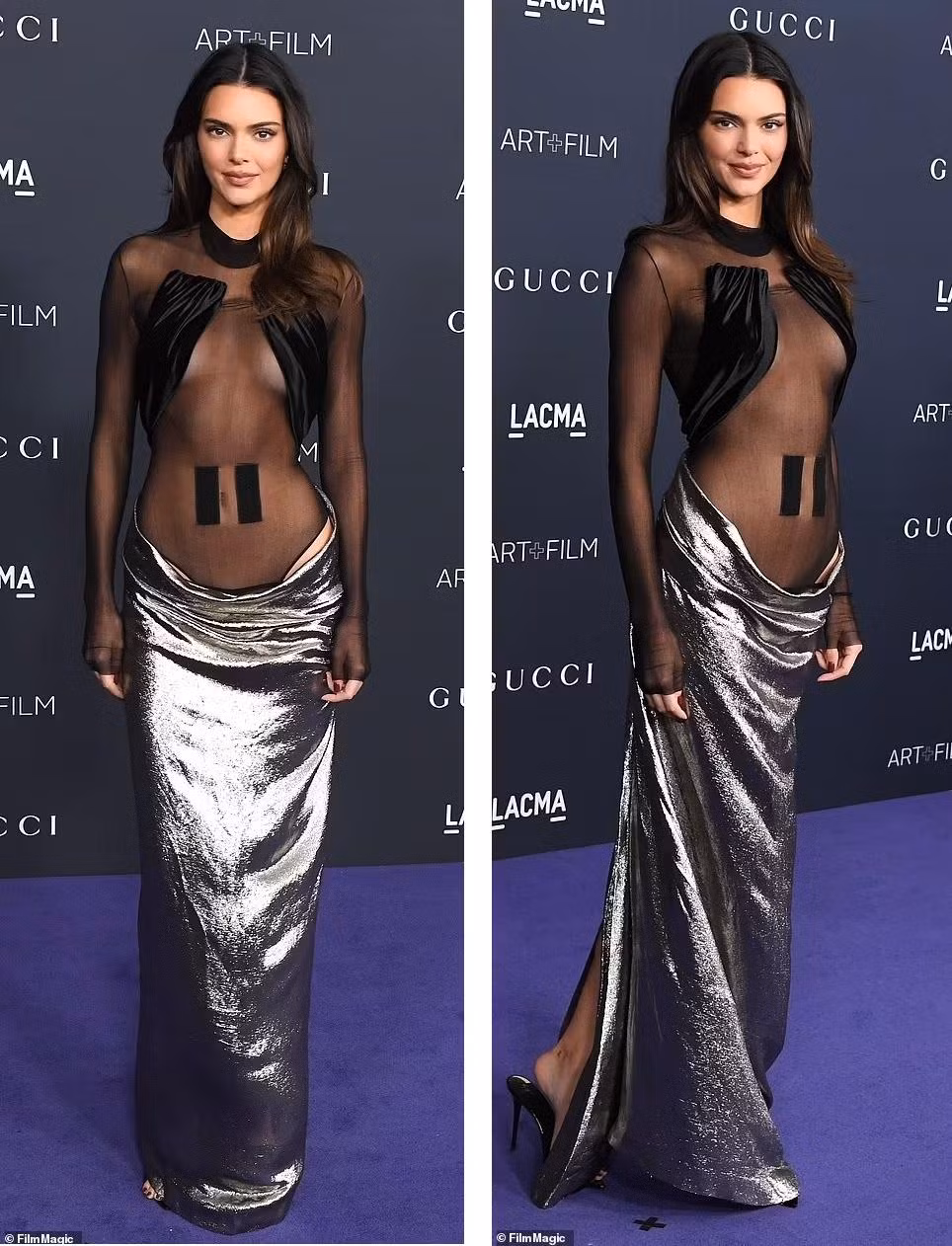 "Siêu mẫu đắt giá nhất thế giới" Kendall Jenner kết hợp bodysuit xuyên thấu với chân váy màu bạc. Ảnh: FilmMagic.