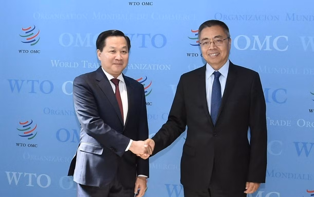 Phó Thủ tướng Lê Minh Khái và Phó Tổng giám đốc WTO Trương Hướng Thần. (Ảnh: BNG)