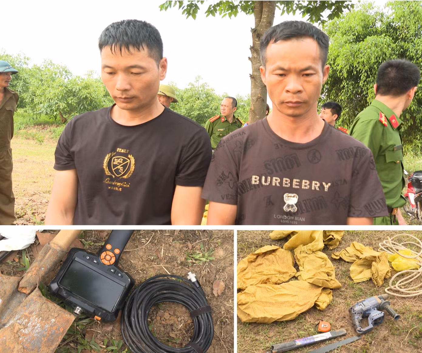 Hai nghi phạm SHEN JIANGYANG, DENG ZHIJI và các dụng cụ dùng để đào bới. Ảnh: Công an Thanh Hóa cung cấp. Hai nghi phạm SHEN JIANGYANG, DENG ZHIJI và các dụng cụ dùng để đào bới. Ảnh: Công an Thanh Hóa cung cấp.