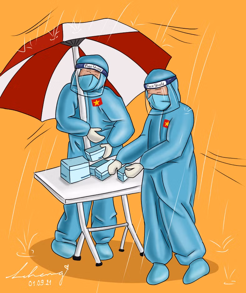Một khoảnh khắc làm việc trong cơn mưa của lực lượng tuyến đầu được tái hiện qua bức vẽ của nữ sinh miền Tây. Một khoảnh khắc làm việc trong cơn mưa của lực lượng tuyến đầu được tái hiện qua bức vẽ của nữ sinh miền Tây.