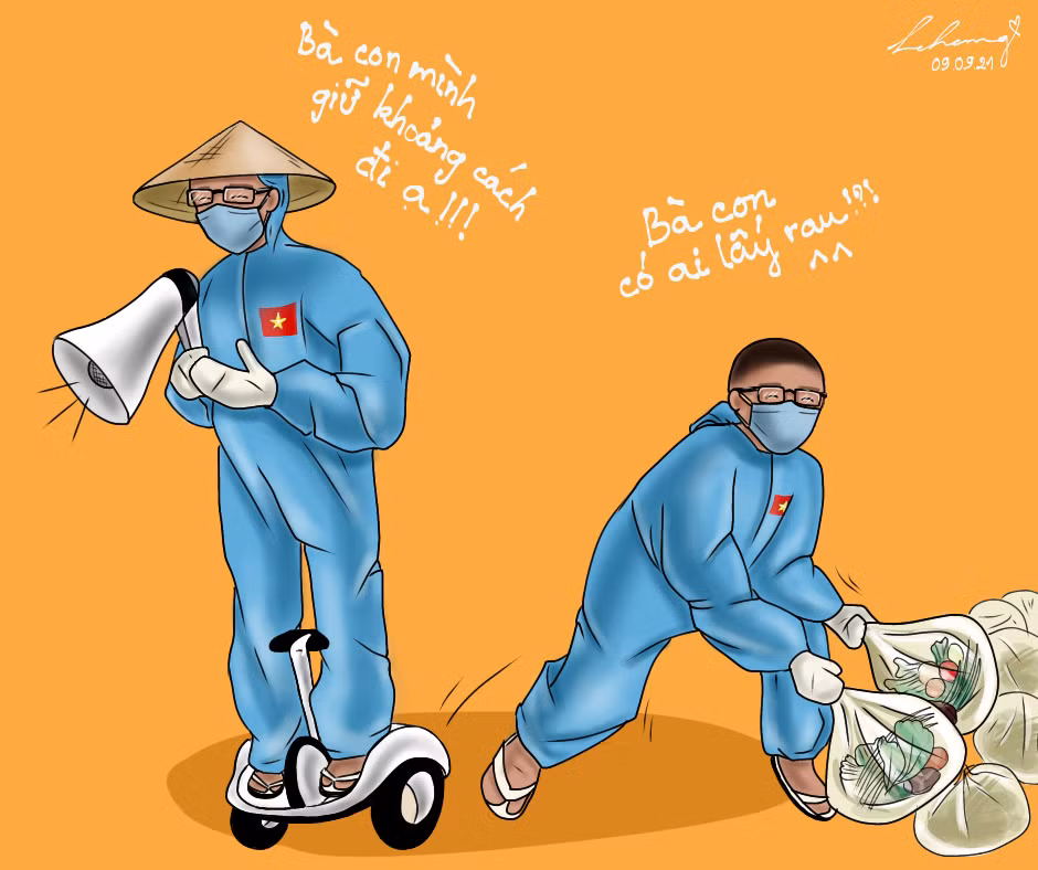 Bức tranh khắc họa rõ nét công việc của anh Lê Thế Nhân trong thời gian dài: cưỡi xe điện và vác loa thông báo bà con ở một khu chung cư thuộc quận 10, TPHCM ra nhận quà nông sản mà anh đem tặng. Bức tranh khắc họa rõ nét công việc của anh Lê Thế Nhân trong thời gian dài: cưỡi xe điện và vác loa thông báo bà con ở một khu chung cư thuộc quận 10, TPHCM ra nhận quà nông sản mà anh đem tặng.